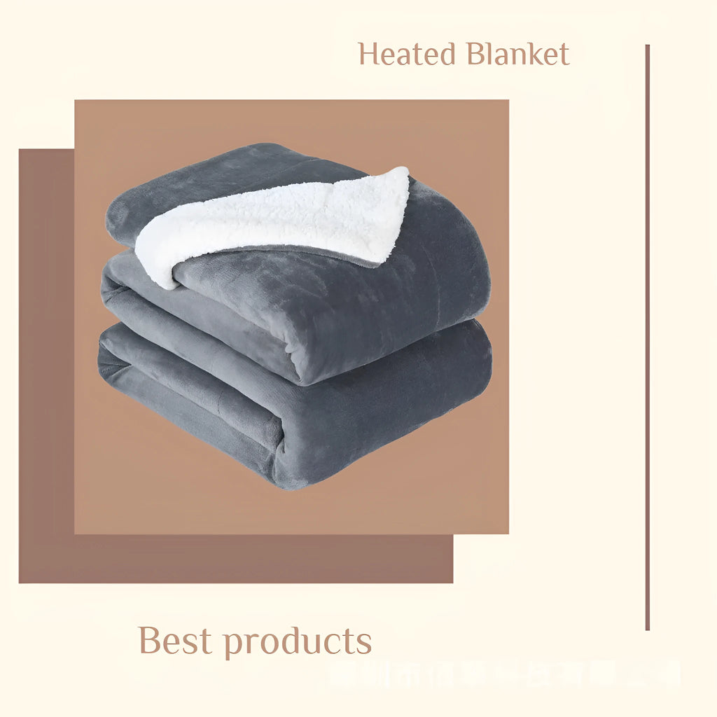 Gray and white USB electric heating blanket with intelligent temperature controls, laid flat.