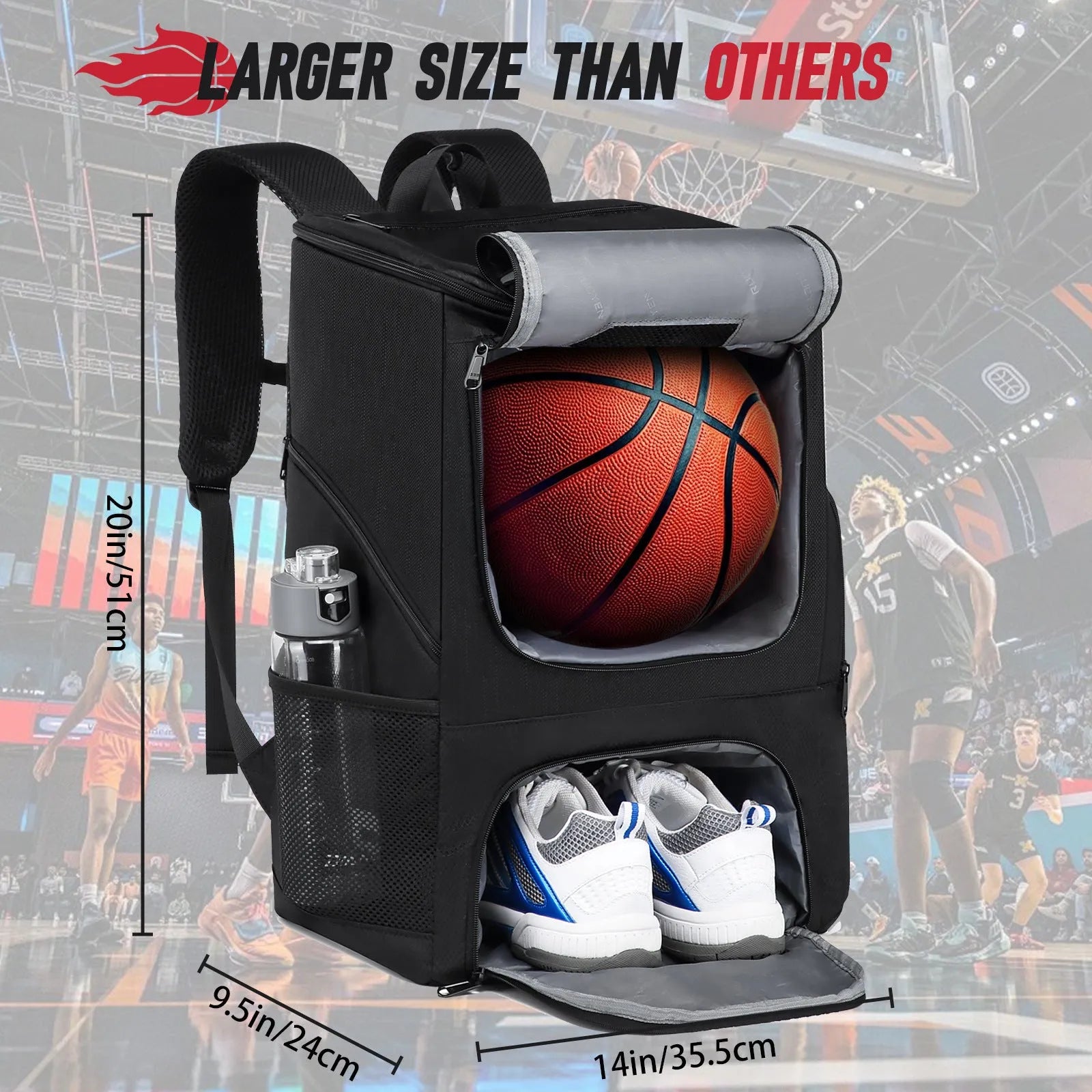 Black Oxford cloth basketball training backpack with large capacity for sports equipment.