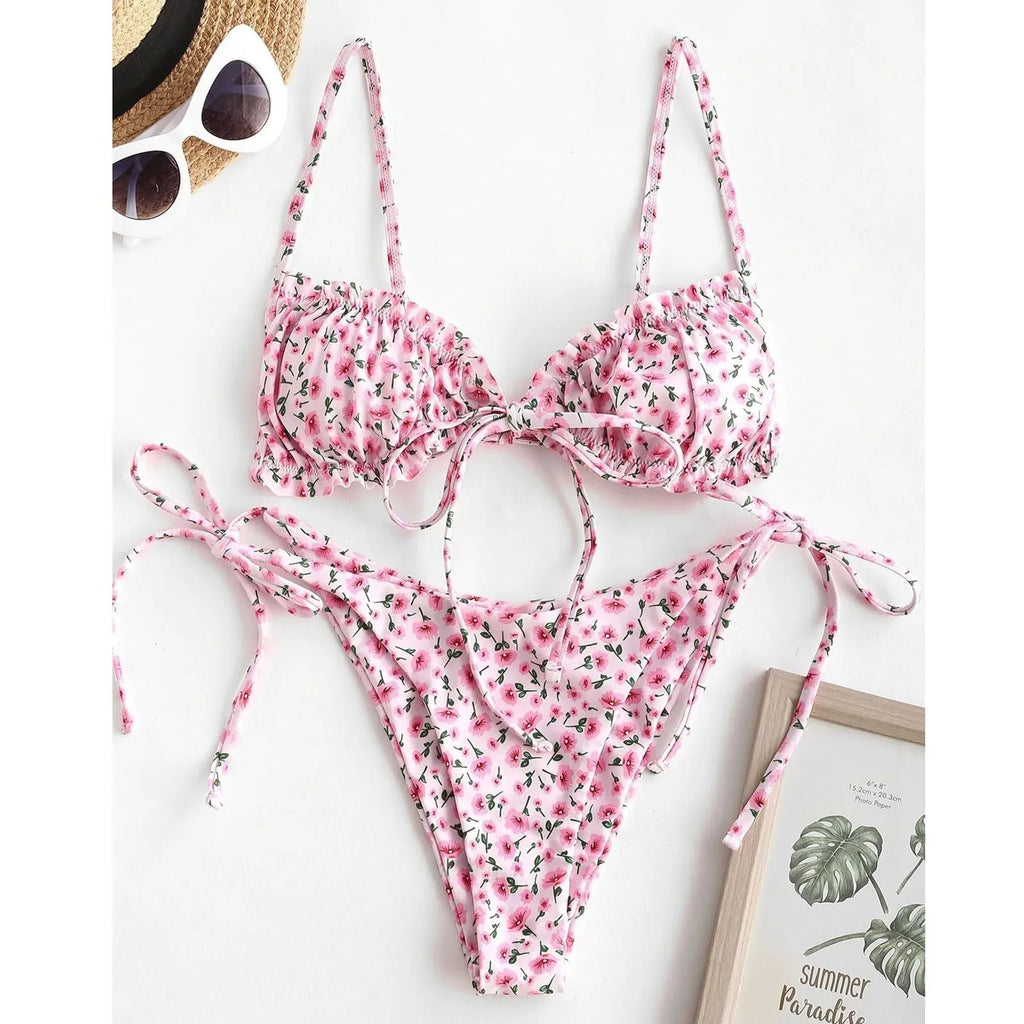 Women's printed multi-rope banded bikini swimsuit with short sleeves and lapel collar in blue or pink