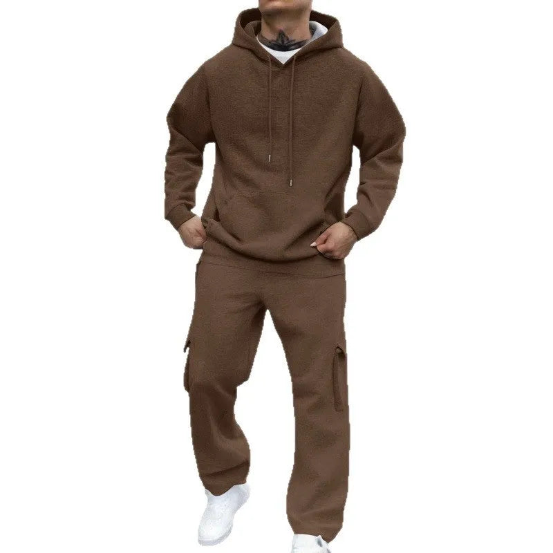 Men's hooded pullover tracksuit set with long-sleeved top and trousers in thickened polyester blend, ten colours, S to 3XL.