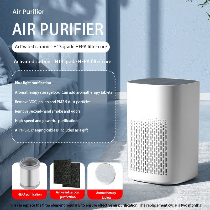 Compact desktop air purifier with USB cable on wooden desk