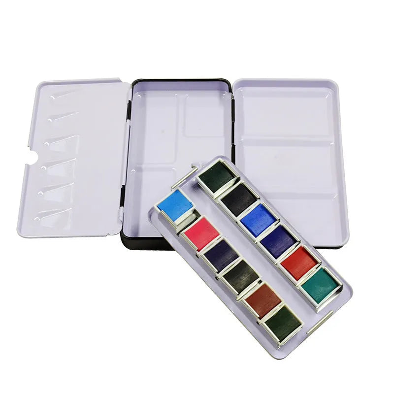 Tinplate watercolour paint box showing three-fold design and three size options