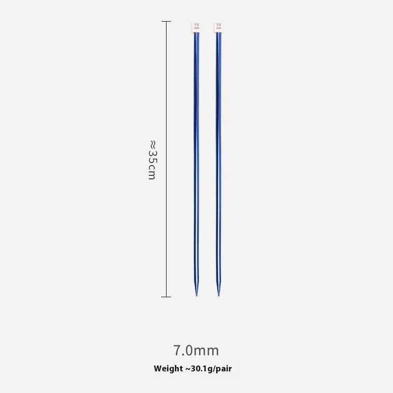 Lengthened crochet hook set showing 14 different sizes from 2.0mm to 10.0mm with protective end caps