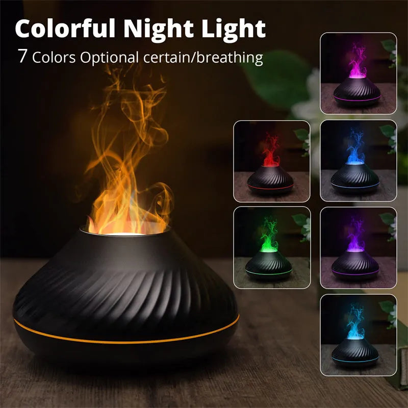 Volcanic flame aroma diffuser with LED lights and water mist emission