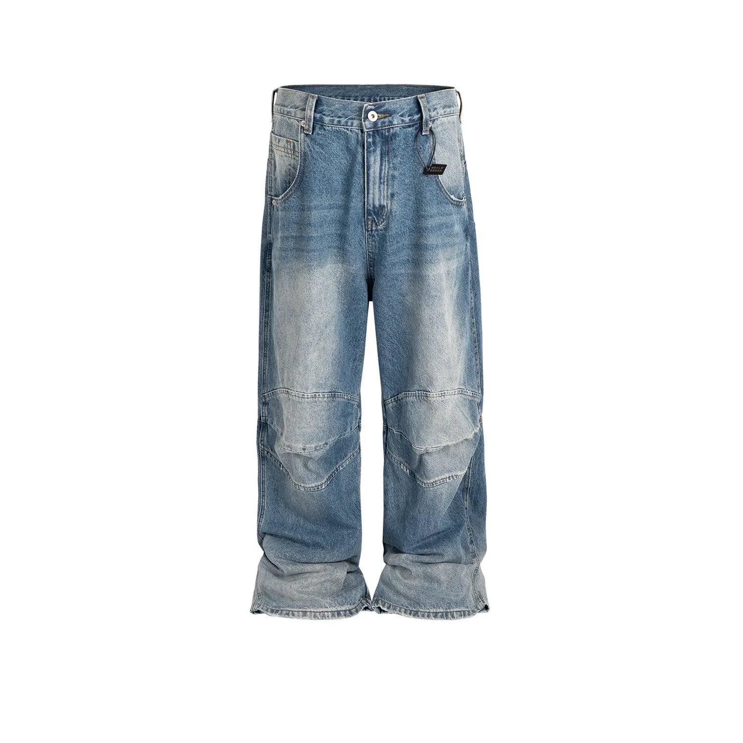 Men's straight leg baggy jeans in a washed blue denim colour with a zip fly.