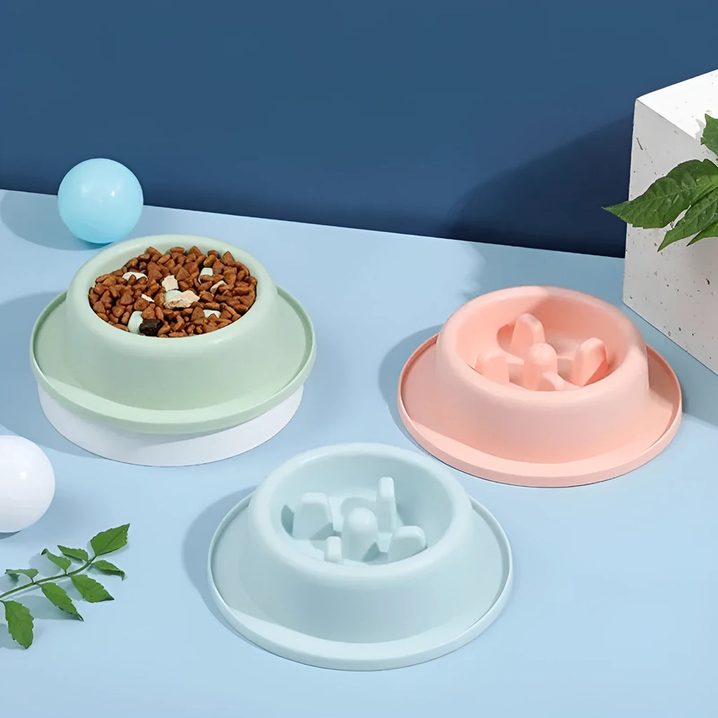 Blue slow feeder dog bowl with raised maze pattern for anti-choke feeding