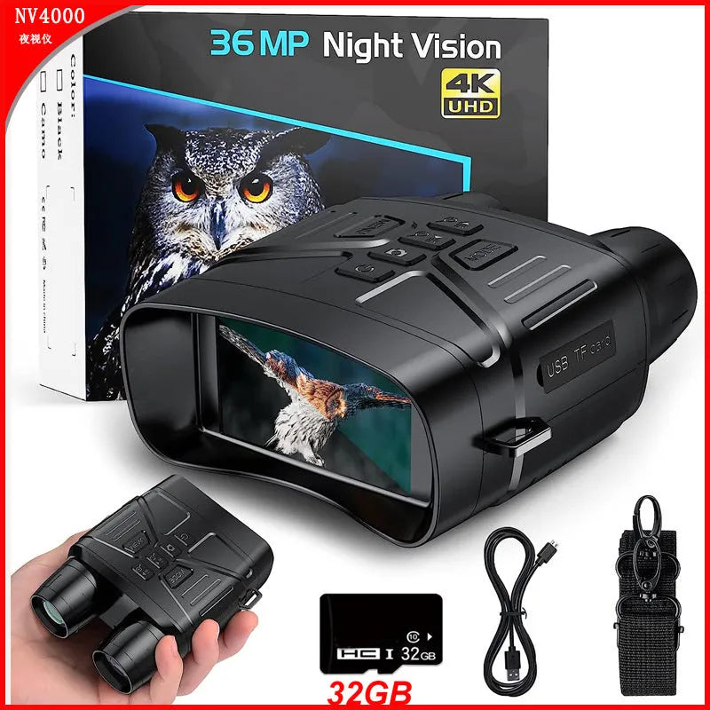 Black night vision instrument with 4K 36MP resolution and 3-inch display showing night vision footage