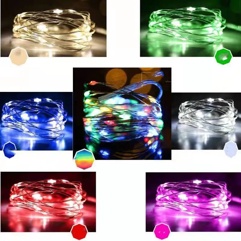 12 metre long copper wire LED string lights in multiple colours, powered by batteries or USB.