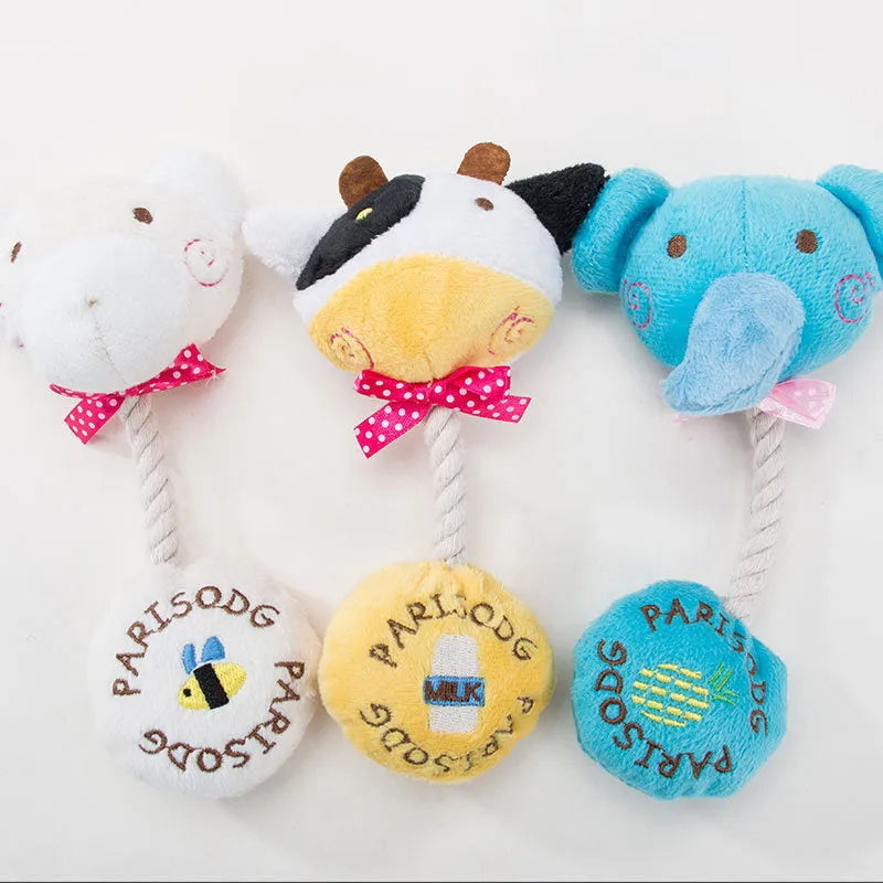 Dog plush squeaker toy with cotton rope tug in animal designs