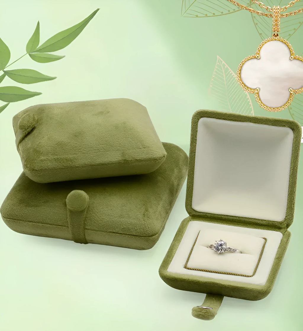Embossed flannel jewellery gift box with shell snap button in grey or grass green for rings pendants bracelets stud earrings