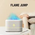 White USB aromatherapy humidifier with seven-colour LED flame effect showing mist outlet.
