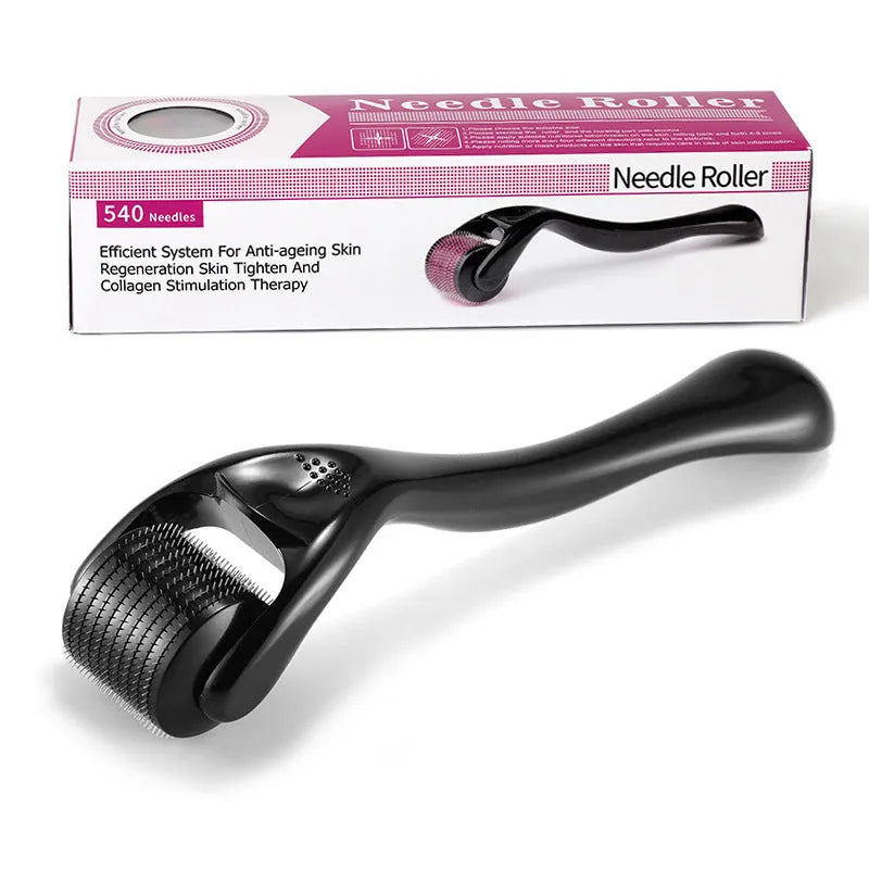Black and purple titanium derma roller with 540 needles for microneedling face scalp beard