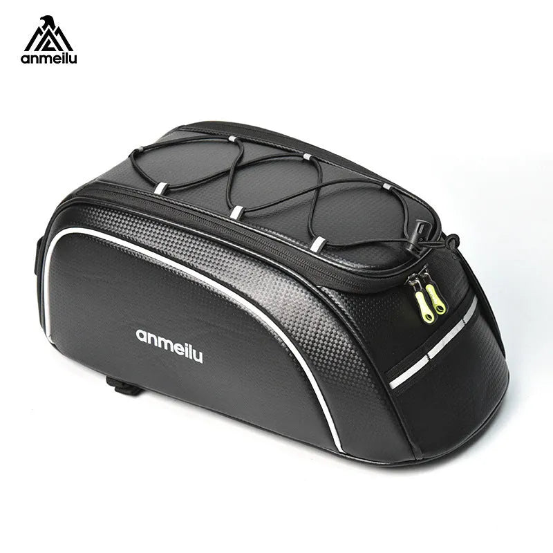 Waterproof black bicycle rear rack bag mounted on bike with 8-litre capacity