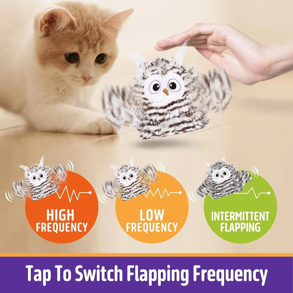Grey automatic owl cat toy with flapping wings on white background