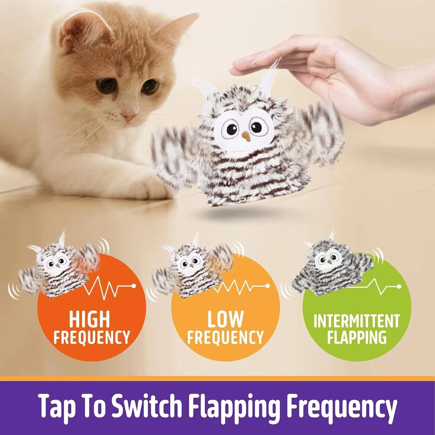 Grey automatic owl cat toy with flapping wings on white background