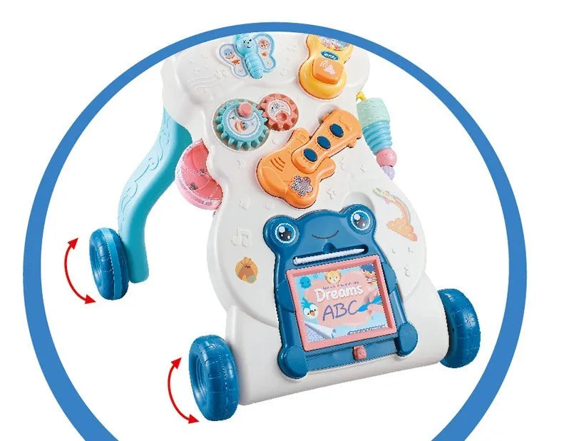 Children's educational multi-functional musical walker trolley with anti-rollover and adjustable speed, plastic build, weight increasing water tank