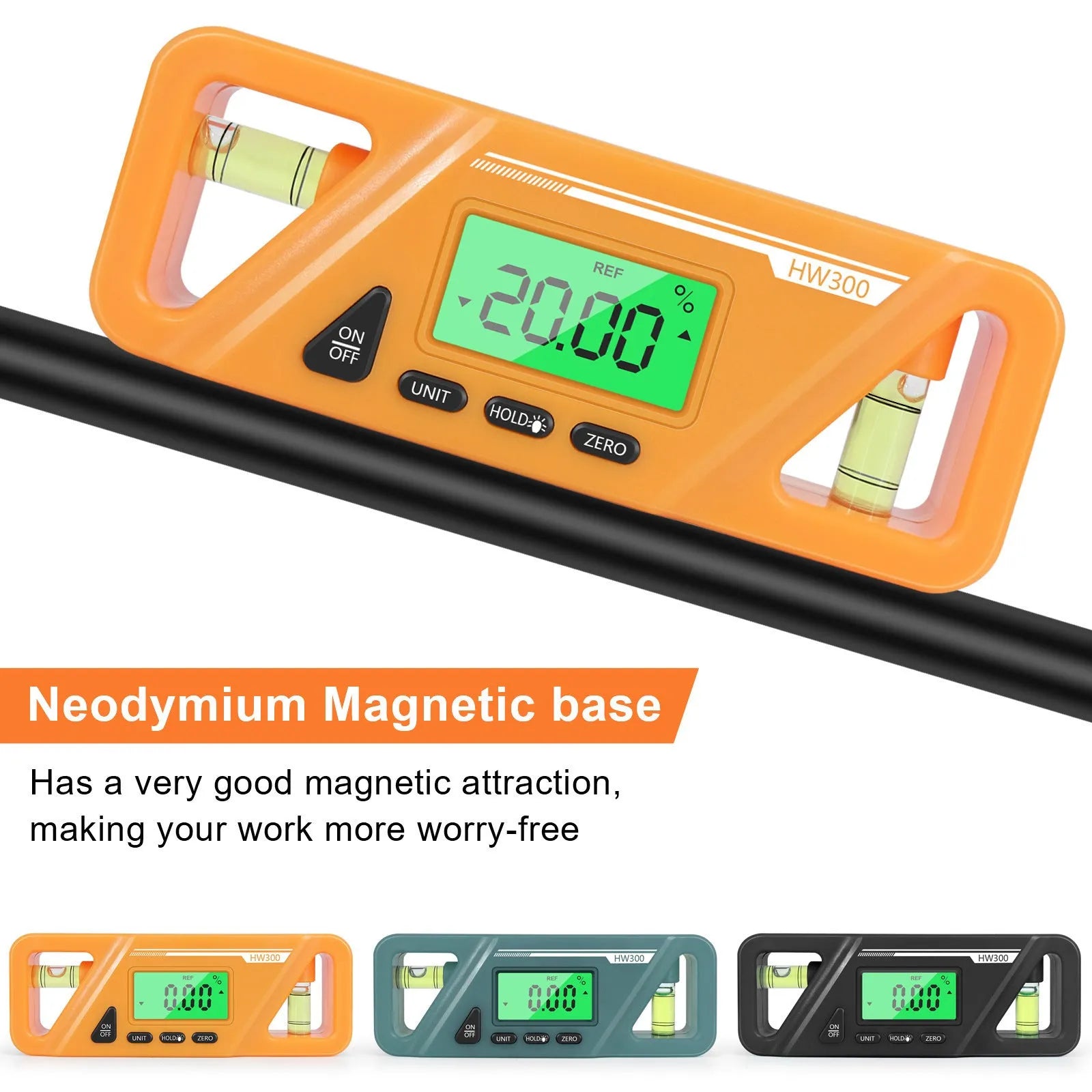 Black digital inclinometer level meter with magnetic base and LCD display showing angle reading.