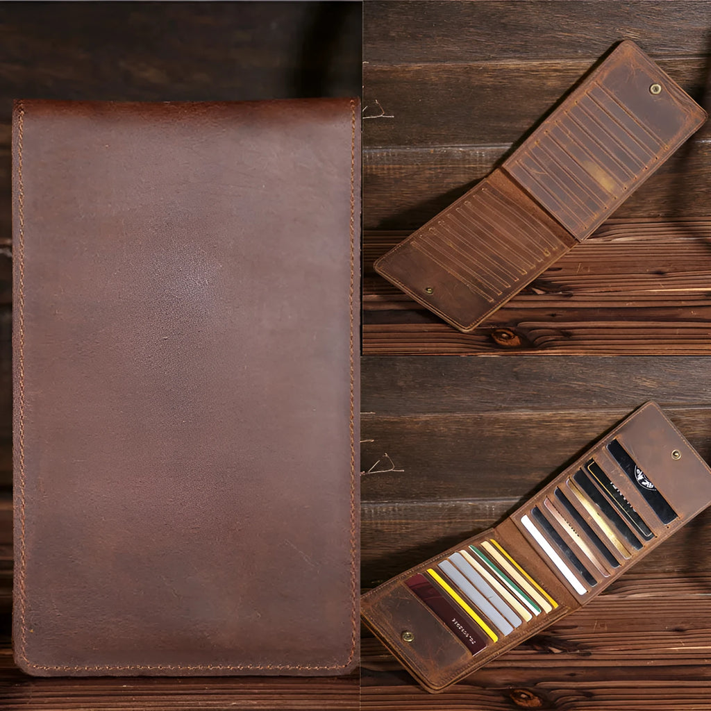 Slim black leather men's wallet open to show 18 card slots and a central mobile phone pocket.
