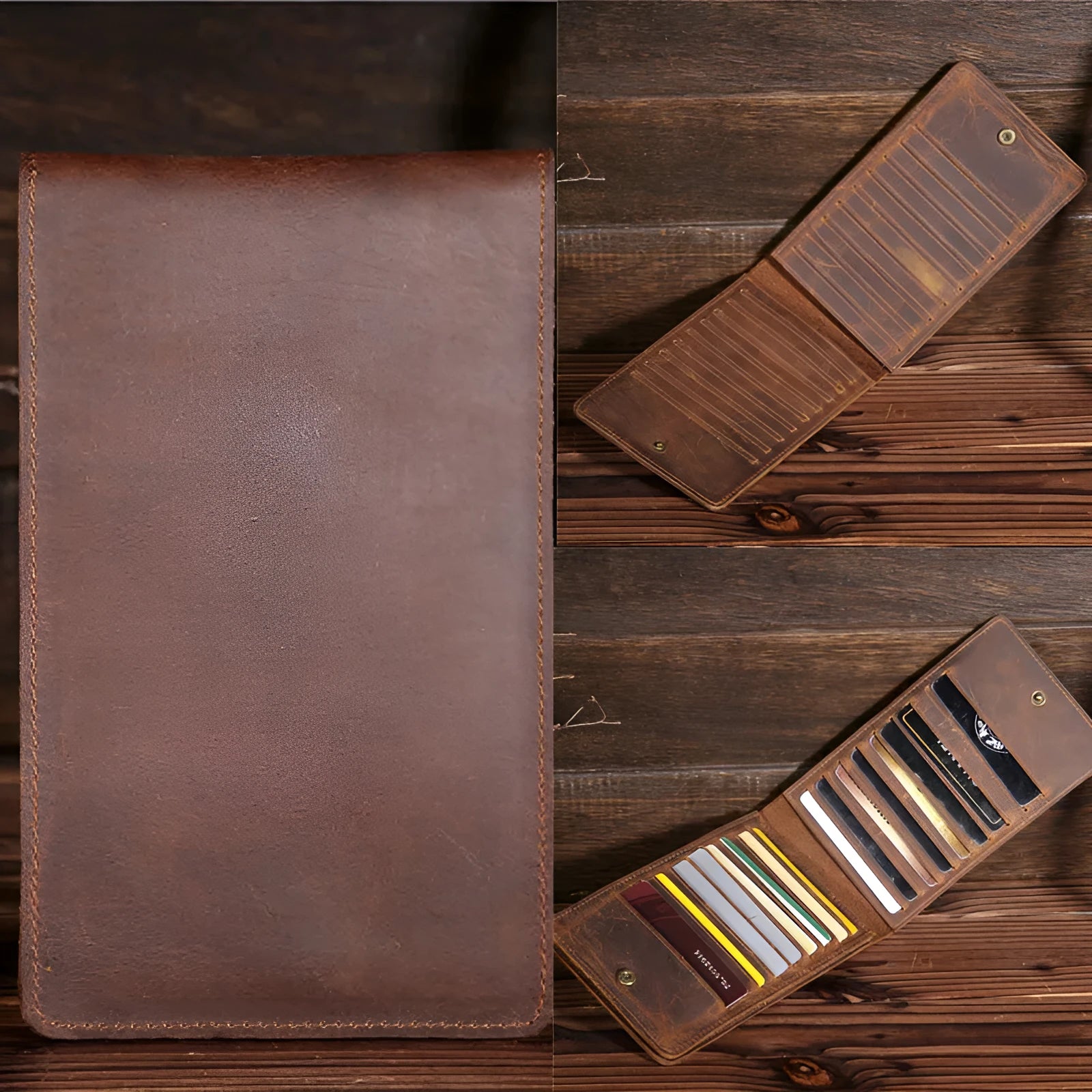 Slim black leather men's wallet open to show 18 card slots and a central mobile phone pocket.