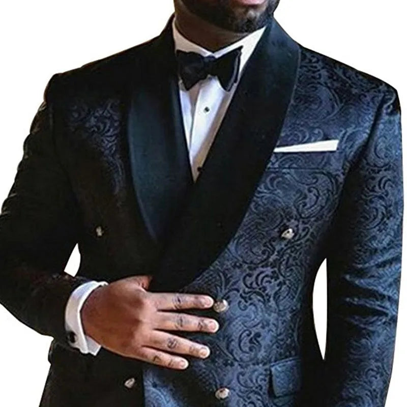 Men's retro three-piece wedding suit with green fruit collar, double-breasted coat, vest, and trousers in polyester.
