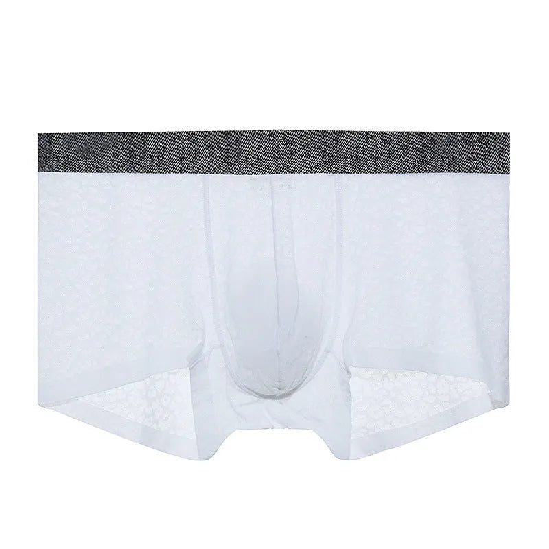 Men's black lace boxer briefs with a seamless design and low-waist fit.