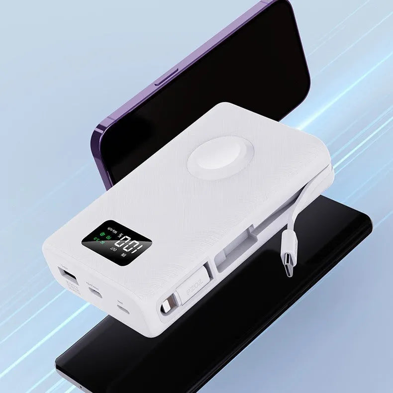 White and black wireless charging power bank with screen display showing battery level, 20000mAh capacity.