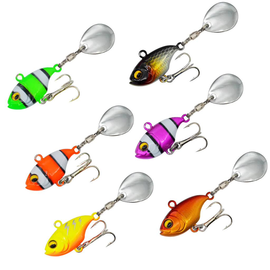 Metal fishing lure with rotating sequins in zebra stripe, gold, and lightning colour patterns.