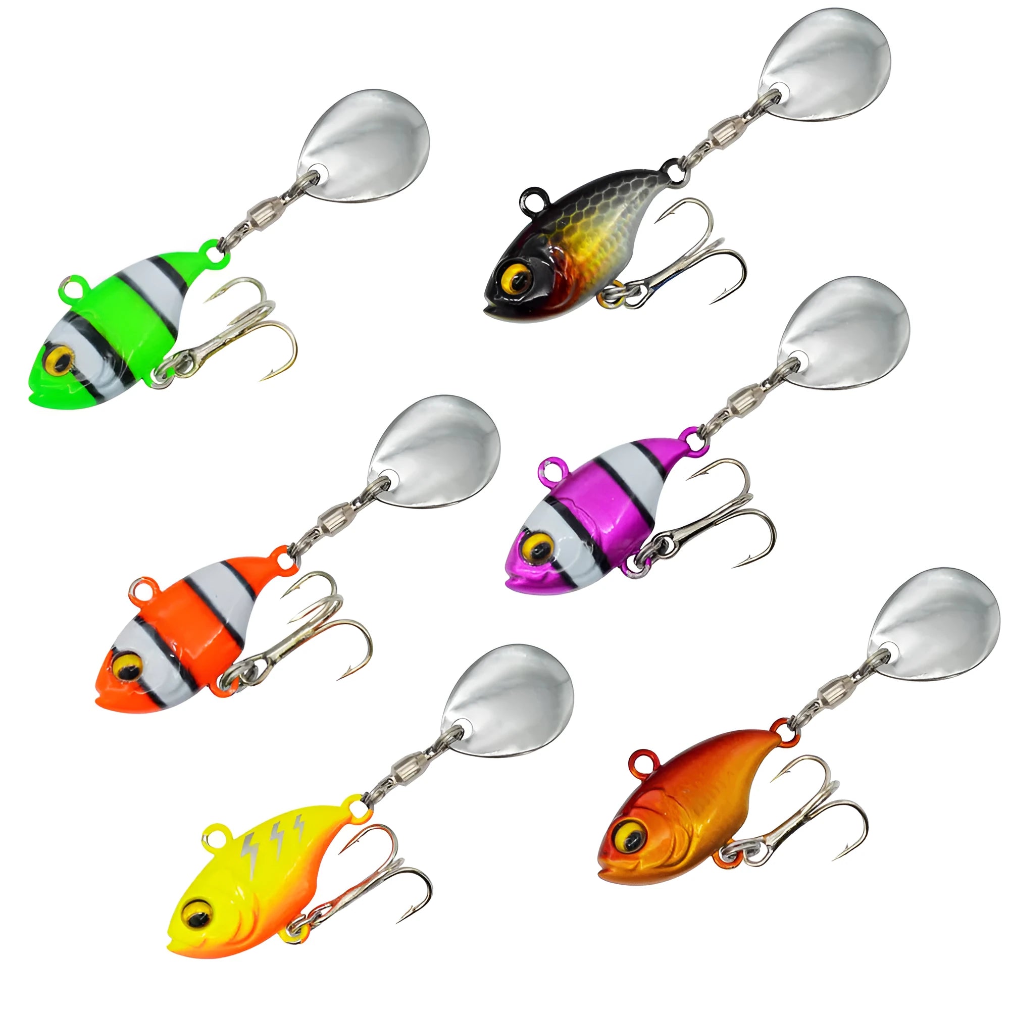 Metal fishing lure with rotating sequins in zebra stripe, gold, and lightning colour patterns.