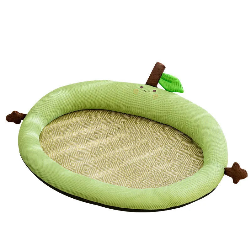Green fruit backrest dog nest bed on a wooden floor, showing its cotton linen material and size scale.