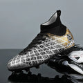 Soccer shoes with long and short spikes, rubber sole, high-top design, in black colour