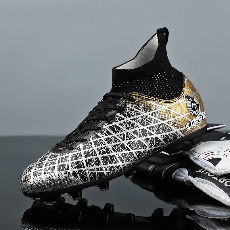 Soccer shoes with long and short spikes, rubber sole, high-top design, in black colour