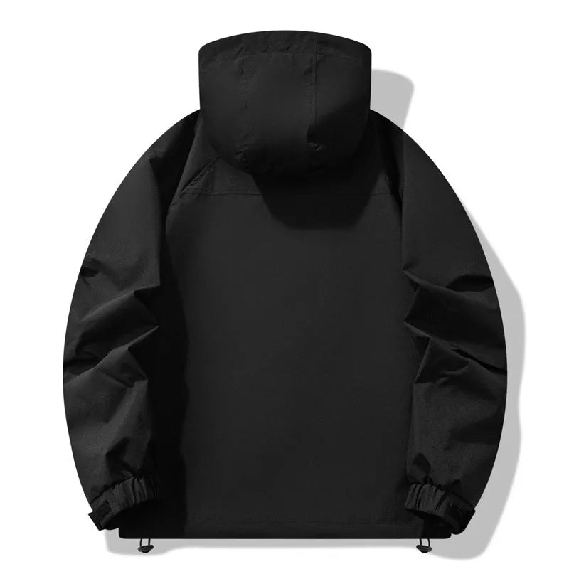 Men's outdoor windproof waterproof jacket in black with zipper pockets