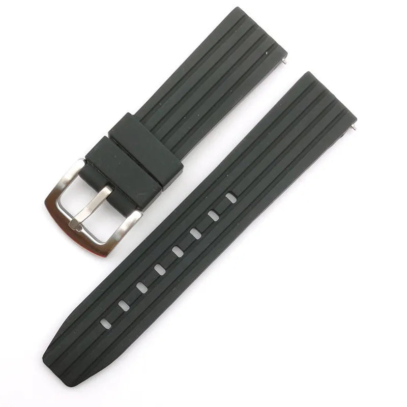 Vertical stripe tire pattern silicone watch strap in black, 22mm width, on a white background
