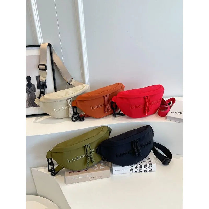 Fashion simple women's sports all-match shoulder bag in nylon with letter embroidery and chain detail