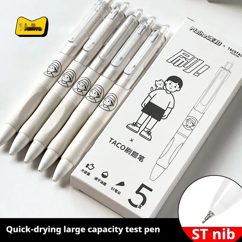 Five black Taco ballpoint pens with 0.5mm tips for student writing