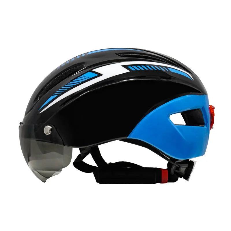 Adult bicycle helmet in Black Blue White colour scheme with adjustable straps and free size fit.