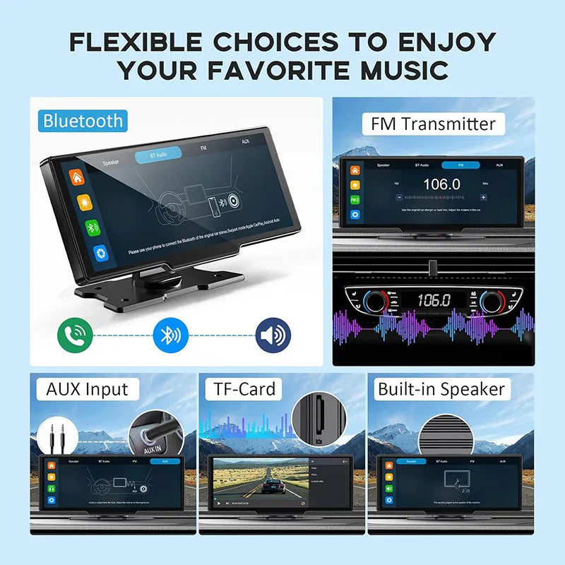 Black 10.26-inch car navigation device with touch screen showing split display of map and recording footage
