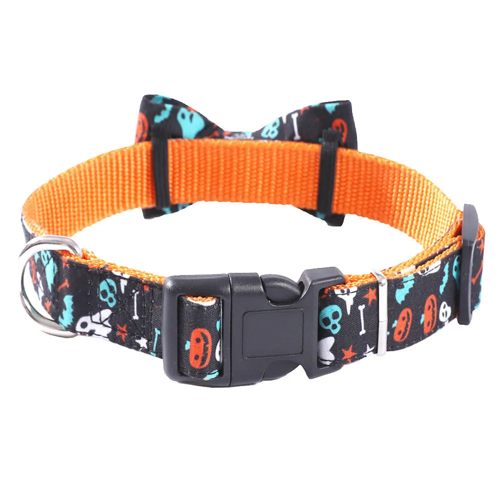 Geometric polyester cat collar in black ghost, yellow pumpkin, and black skull, sizes XS to L