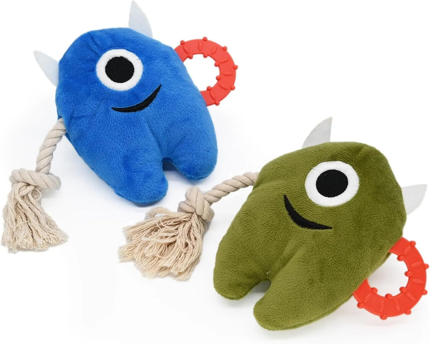 Blue and green plush dog chew toy with integrated cotton rope and squeaker.
