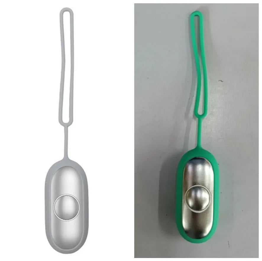 Handheld microcurrent sleep aid device with round button, USB charging port, and stainless steel electrodes in grey green orange colours