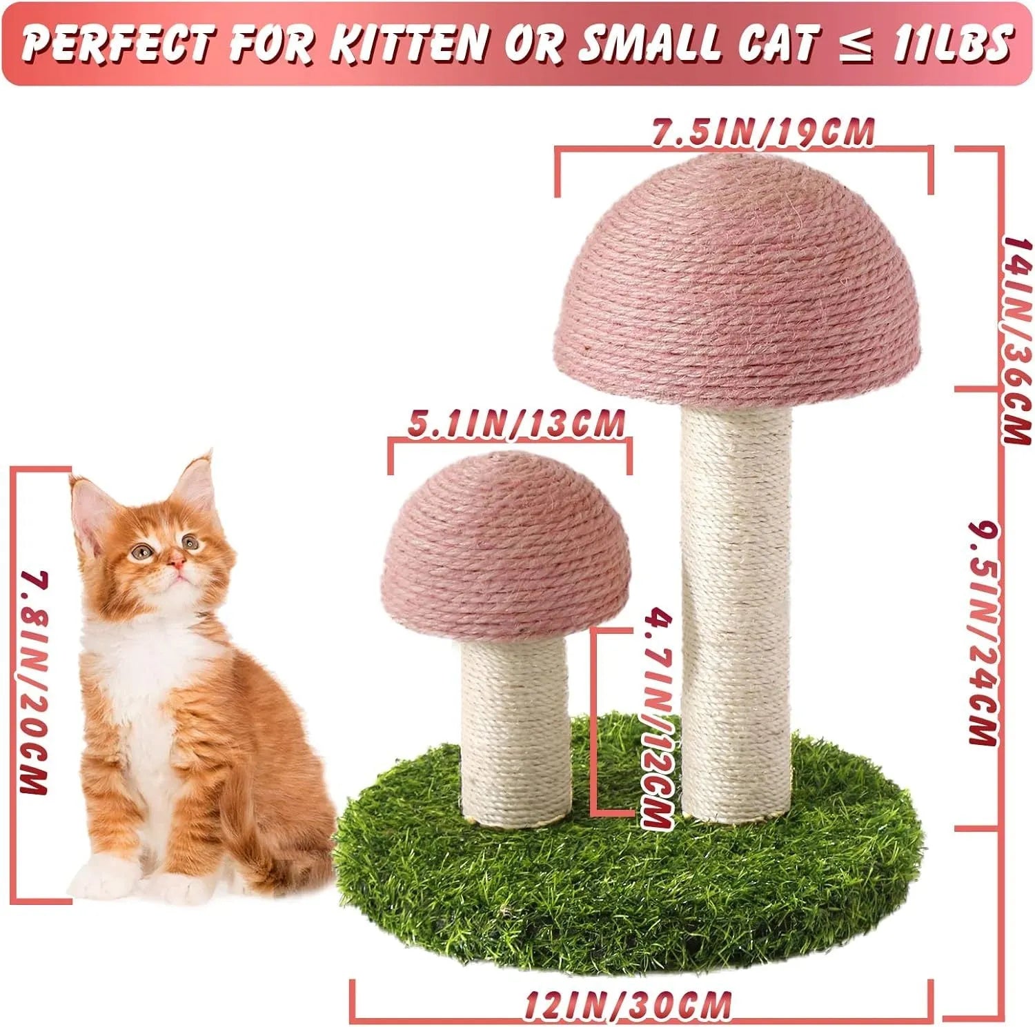 Pink mushroom-shaped cat scratching post with natural sisal covering for kittens and small cats