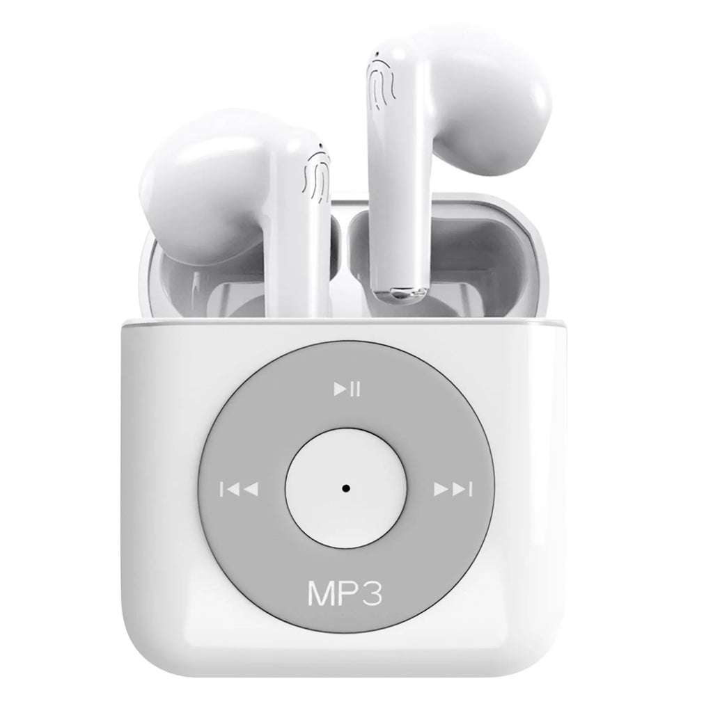 White wireless Bluetooth semi-in-ear earphones and charging case on a table.