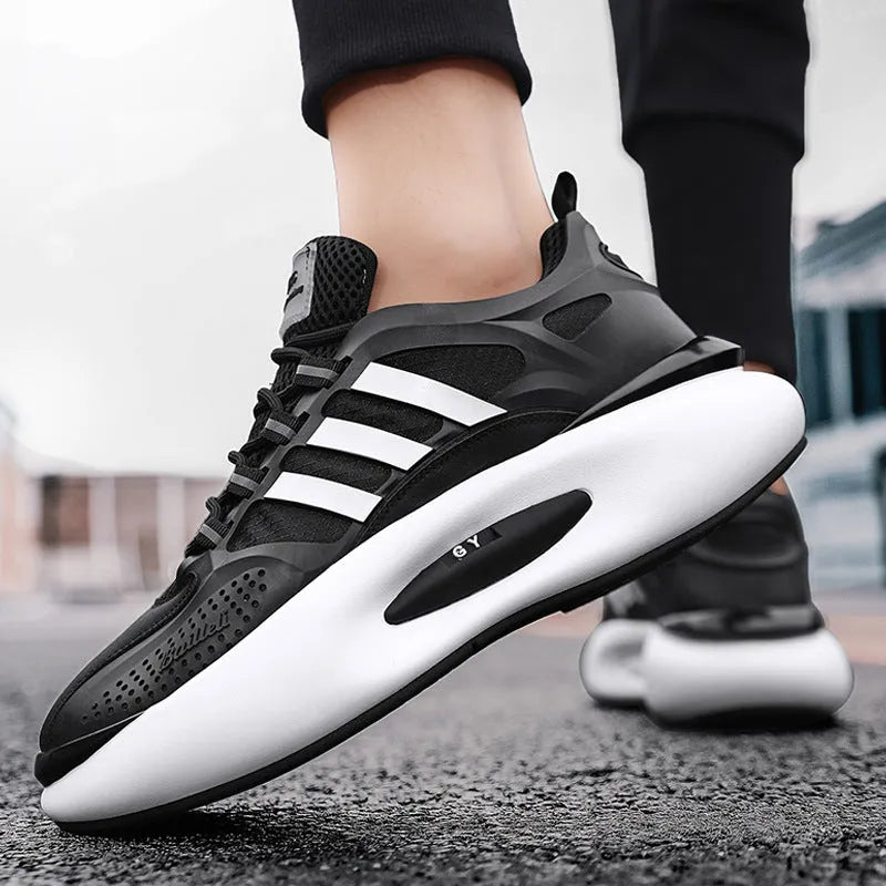 Men's mesh breathable running sneakers in white and green with rubber sole and lace-up closure