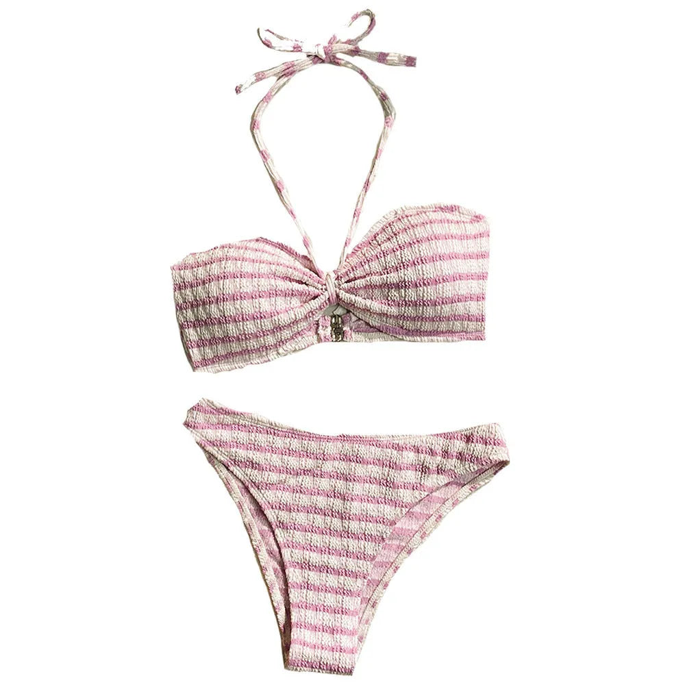 Women's striped bikini swimsuit in polyester fabric available in pink or black