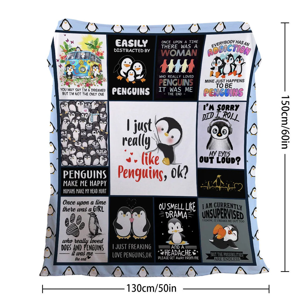 Multicolored flannel velvet blanket with penguin patterns, 130x150cm, on a sofa