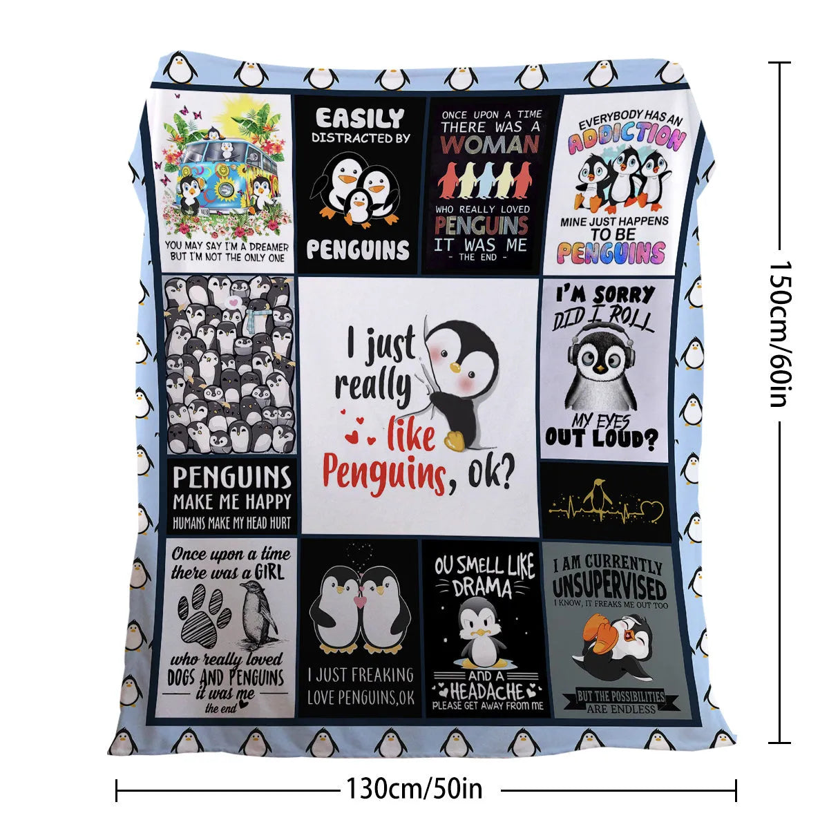 Multicolored flannel velvet blanket with penguin patterns, 130x150cm, on a sofa