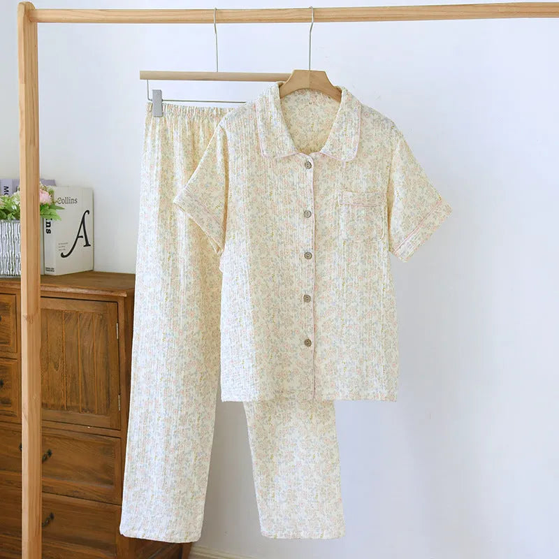 Women's washed cotton short-sleeved lounge trousers set in a loose, casual style.
