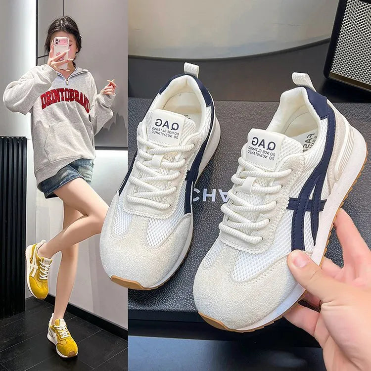 Women's casual lace-up sneakers in pink, white, or yellow with a non-slip sole and cloth lining.