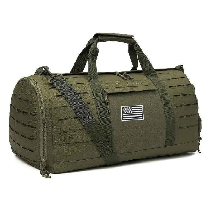 Men's khaki Oxford cloth sports travel bag with air pillow shoulder strap.