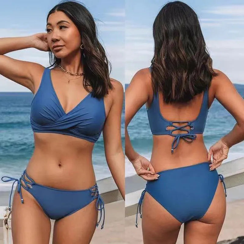 Yellow green women's halter neck bikini with split briefs on a mannequin, showing front and back details.